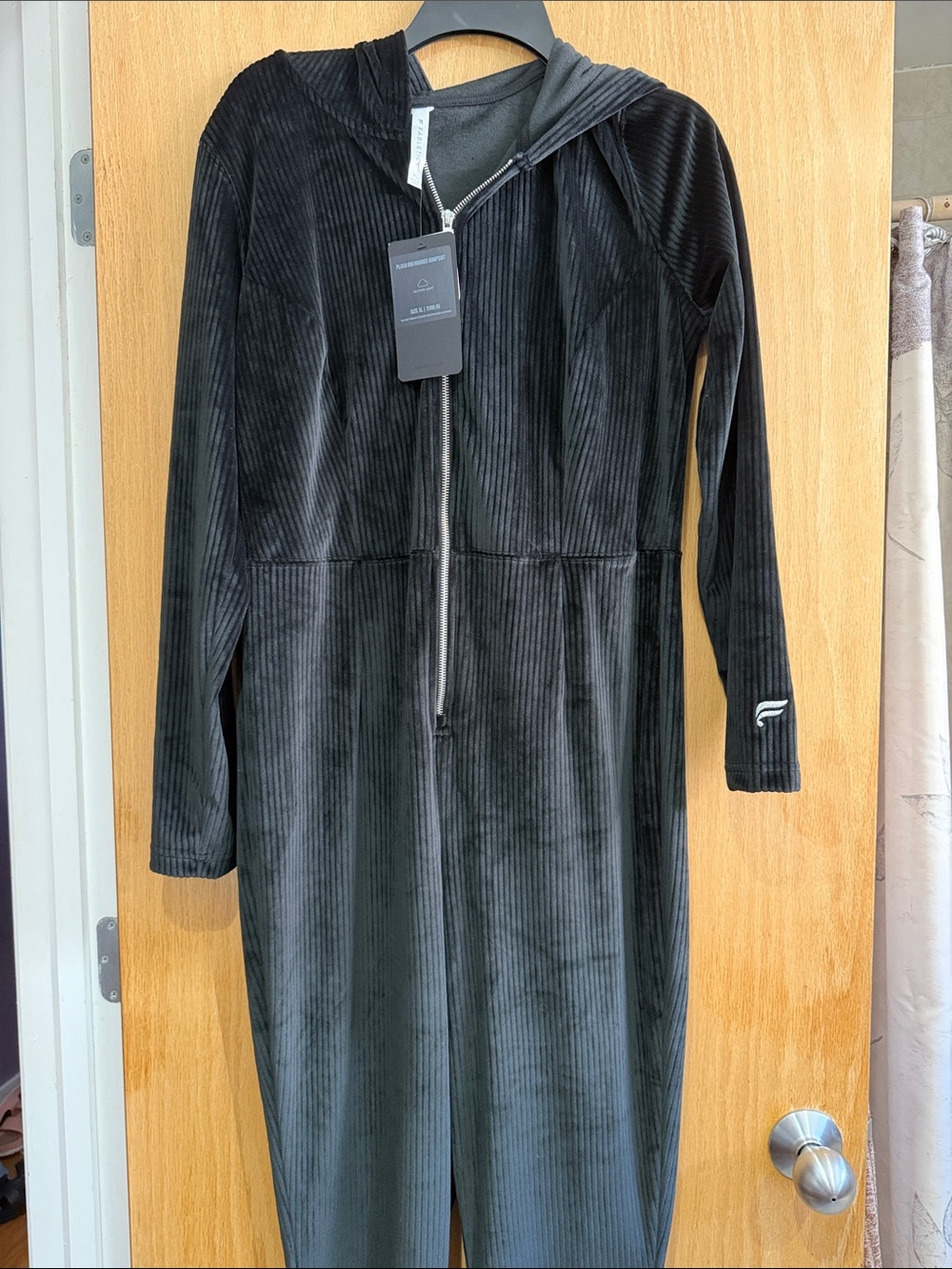 Fabletics Black Ribbed Hooded Zip-Front Long Jacket